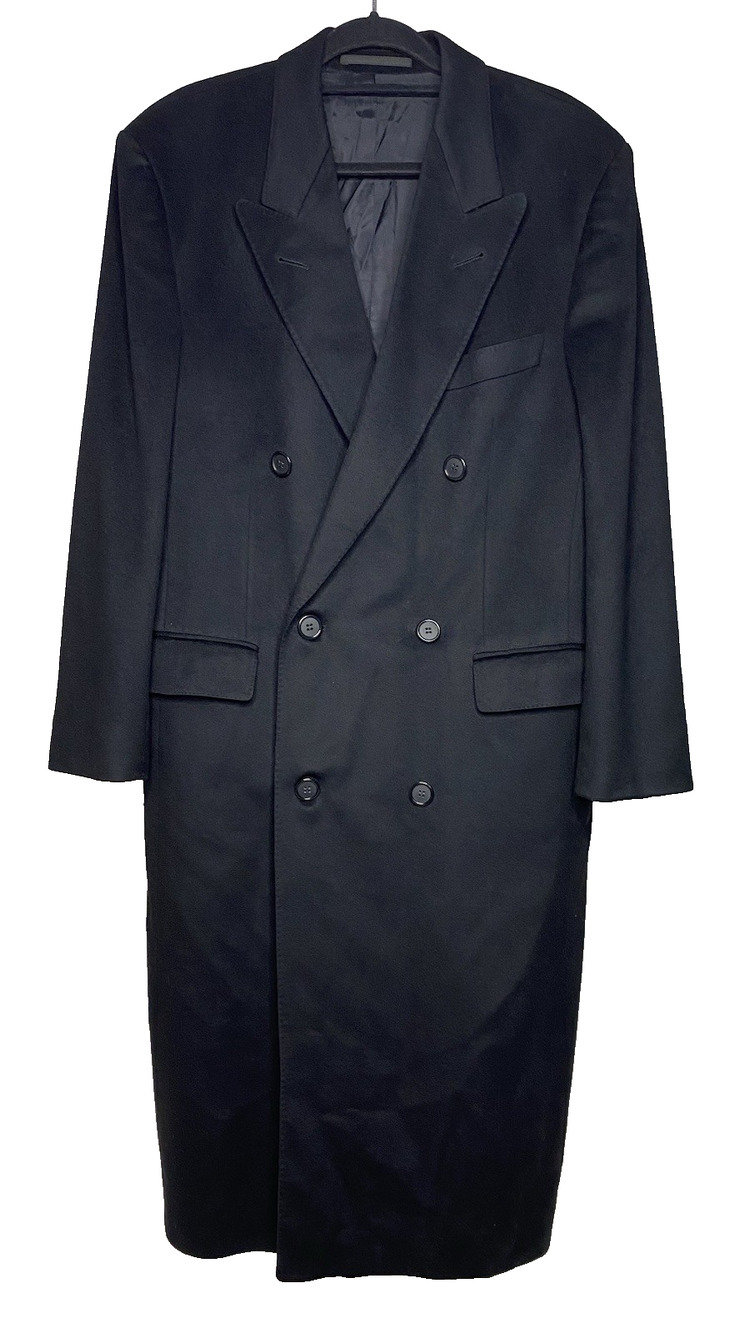 VTG Beylerian Paris Double Breasted Coat Black Men's 46" 100% Cashmere Long